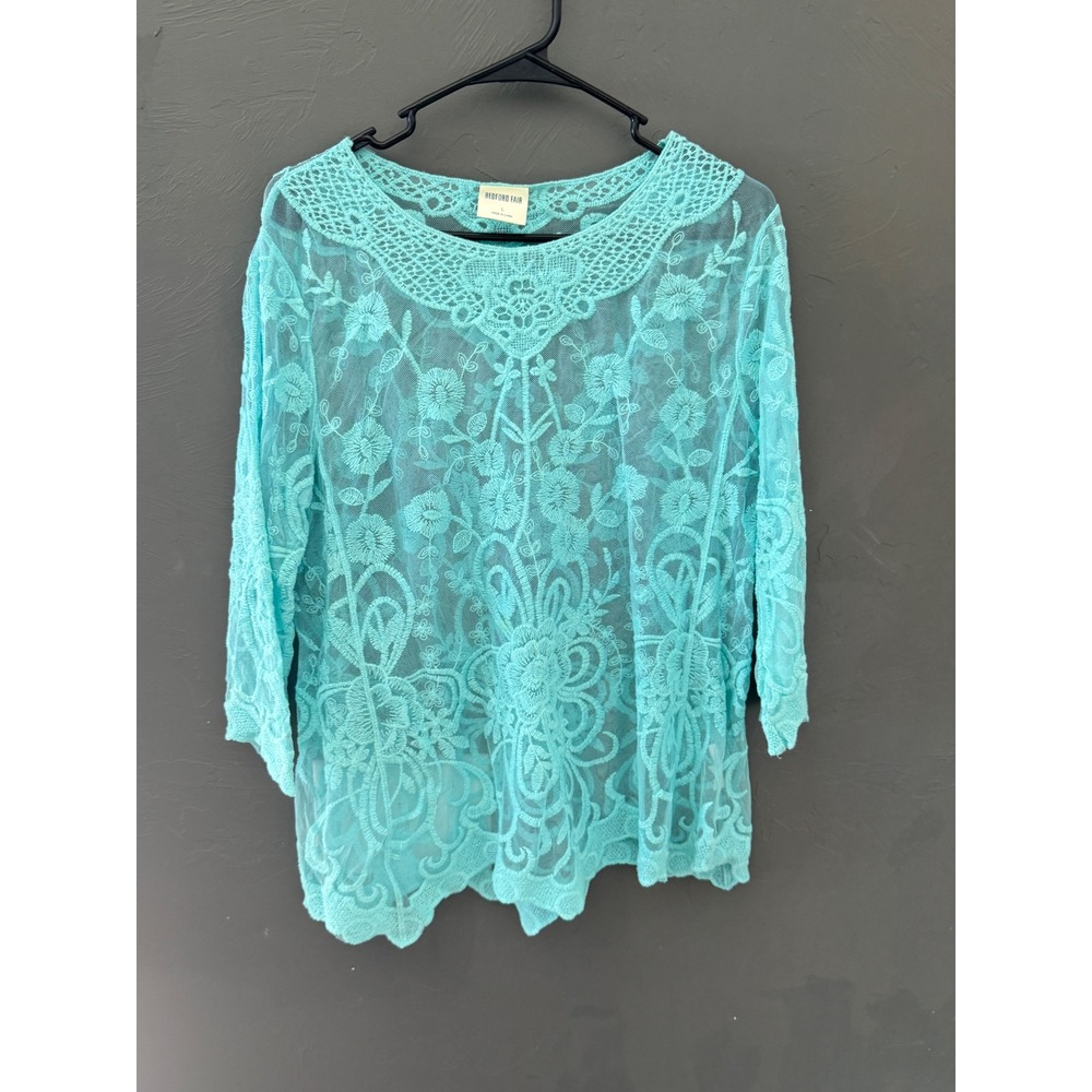 Bedford Turquoise Floral Embroidered Sheer Mesh Lace Top L Boho Festival Fairy